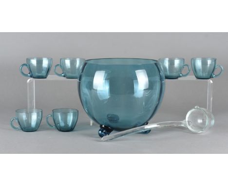 A mid Century large glass punch bowl, with twelve glasses and a large punch ladle