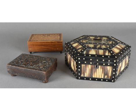 A 19th Century anglo Indian porcupine quill hexagonal box, the interior of lid inlaid with bone and marked with an elephant a