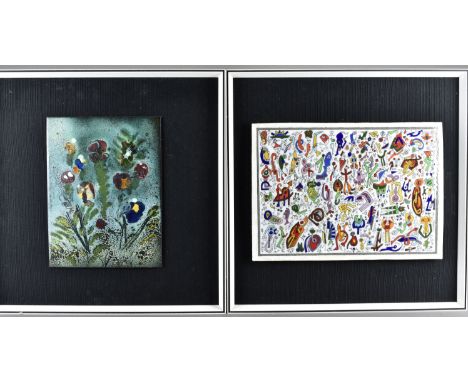 A Richard Dent enamel panel, floral design, 28 cm x 21 cm together with an R Casey enamel panel titled Story 5, 26 cm x 36 cm