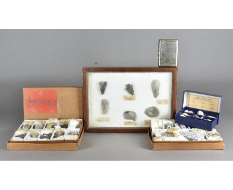 A collection of cased rock and mineral specimens, including a case of arrow heads and flint scrapers etc