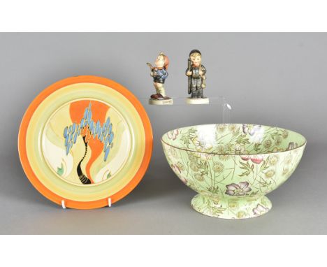 A Clarice Cliff Bizarre pattern plate, with a blue leaf tree, 23 cm diameter together with a Royal Winton floral footed bowl,