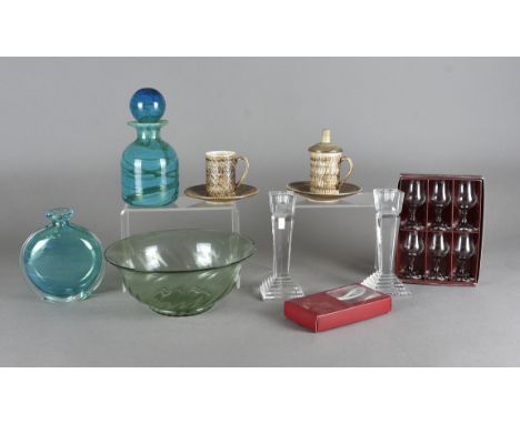 A collection of ceramics and glass, including a Mdina decanter and stopper, a similar moon flask, a pair of deco style candle