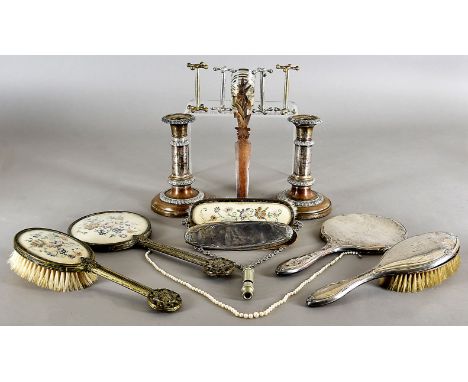 A pair of telescopic silver plated candlesticks, a part silver dressing table set, a string of Mikimoto graduated cultured pe