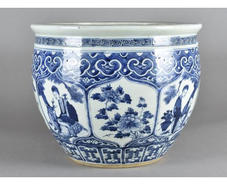 A 19th Century Chinese blue and white Jardinière, decorated with figures in a landscape, 26 cm high x 31 cm diameterSome hair