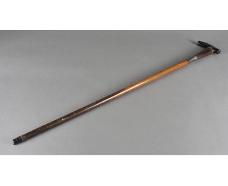 An Edwardian novelty walking stick, with screw off horn handle to reveal a telescope with brass eye piece, with silvered coll