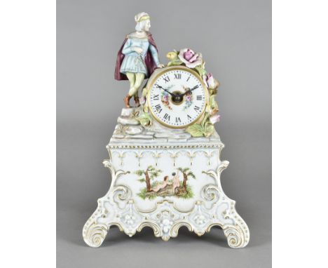 A continental porcelain mantel clock, surmounted by a young gentleman standing next to clock face with painted scene of Adam 