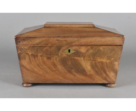 A mahogany sarcophagus shaped tea caddy, converted now to a jewellery box, 30 cm x 16.5 cm x 18 cm high