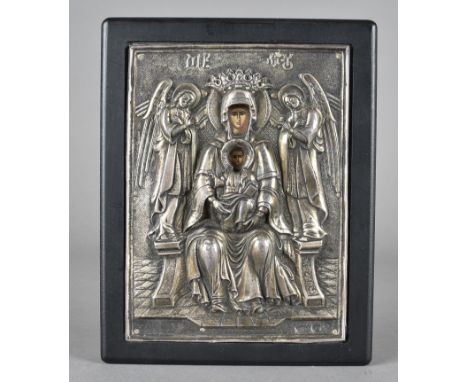 A Greek white metal modern icon, with print of the Madonna and Child, white metal marked 925