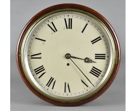 A 19th Century mahogany single fusee wall clock, with white enamel dial, Roman numeralsm brass surround, 37 cm diameterdiamet