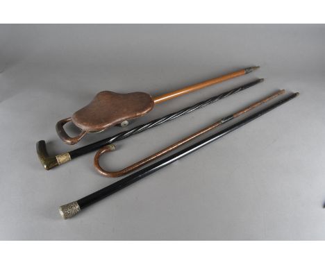 Two silver topped canes, one with horn handle, together with a leather seat shooting stick and others etc