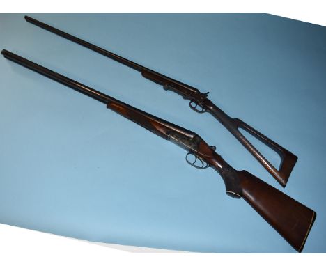 Shooting, a 19th Century English, 410, SBS double barrel hammered shotgun, with chequered grip and central section cut away p