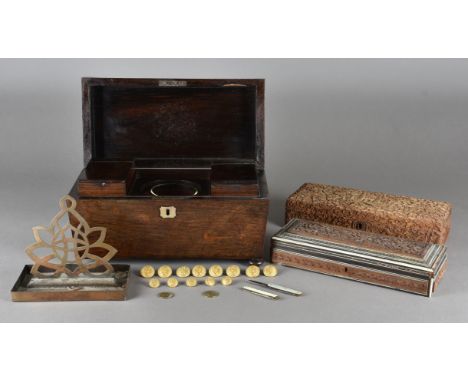 A carved sandalwood Indian box, another carved example, a set of Bombay Yacht Club buttons, desk tidy, rosewood sarcophagus s