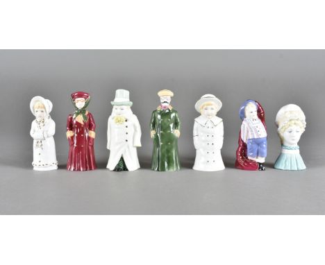 A collection of Royal Worcester Candle Snuffers, including boy with boater, the motorist, Howard, mob cap, girl with muff, Bu