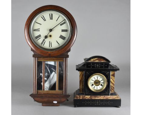 A German H.A.C fourteen day strike mantel clock, in simulated slate and marble case with enamel chapter ring, Roman Numerals,
