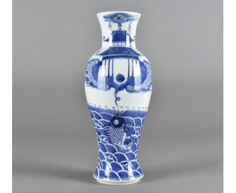 A 19th Century Chinese blue and white baluster vase, with mythical carp catching the flaming pearl and cloud pagoda, four cha