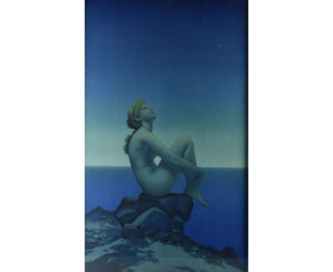 After Maxfield Parrish, lithograph, nude seated on coast stargazing, framed and glazed, 75 cm x 46 cm