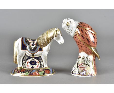 Royal Crown Derby, two paperweights, a miniature Shetland pony limited edition of 500 for Sinclairs and red kite both with go