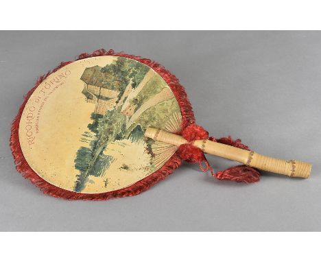 Italian Torino Esposizione 1898 fixed fan, bamboo stick with a double sided card panel printed on both sides with paintings b