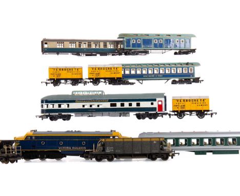 MODEL RAILWAY,a group of locomotive shells and chassis as well as varied coaches and rolling stock, includes Hornby, Tri-Ang,