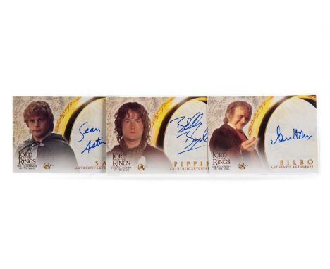 THE LORD OF THE RINGS TOPPS MOVIE TRADING CARD GAME,three Authentic Autograph cards for Sir Ian Holm as Bilbo, Billy Boyd as 