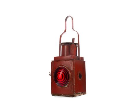 BRITISH RAIL (W) LAMP,painted in orange with convex red lens, 50cm high including handle