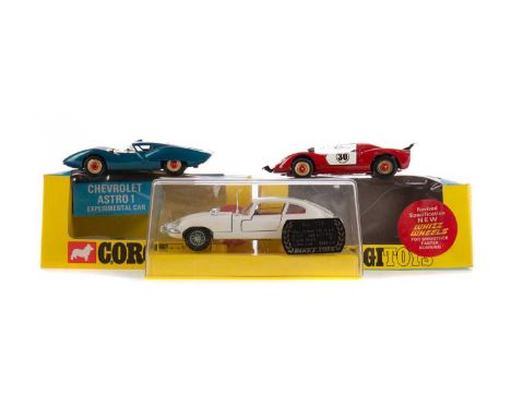 TWO CORGI WHIZZWHEELS AND A DINKY MODEL,comprising 347 Chevrolet Astro 1, 344 Ferrari 206 Dino Sport and Jaguar E-Type 2+2, a