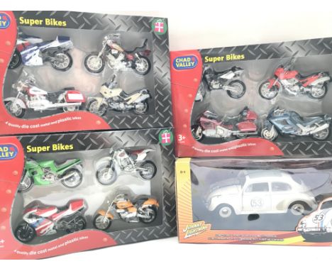 A Box Containing Various Boxed Diecast Including Motorcycles. Buses by Chad Valley. EFE. Corgi etc.