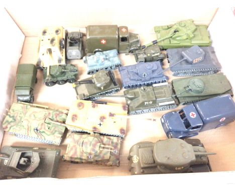 A Box Containing Solido Diecast Tanks and a Tri-Ang Armoured Car.