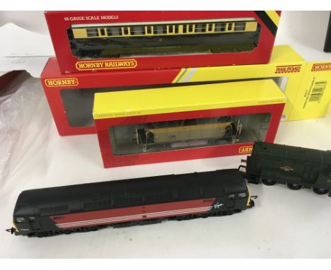 A boxed Hornby locomotive class 47 R2677 Virgin. Boxed R6288E rolling stock. Boxed R454 GWR restaurant car. Unboxed Hornby sh