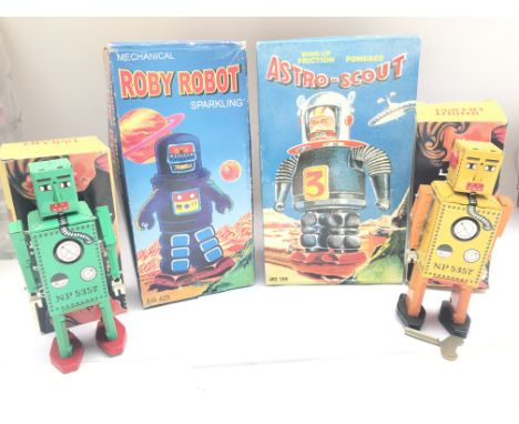 4 X Boxed Chinese Tinplate Robots including 2 X Lilliput Robots(1 A/F). A Roby Robot and a Astro-Scout. NO RESERVE