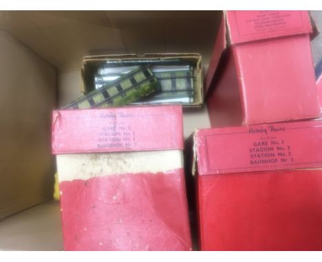 A Collection of Hornby 00 Gauge Tin Buildings including an Engine Shed No.1A in Repro Box.