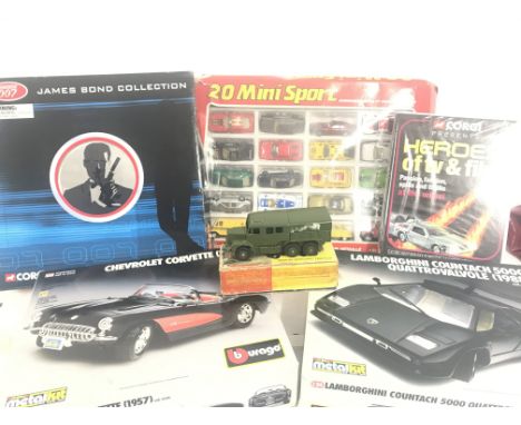 A Collection of Burago model Kits (Built). A Corgi James Bond Set (Sealed) a Hero's of T.V. And Film Set and 20 Mini sports c