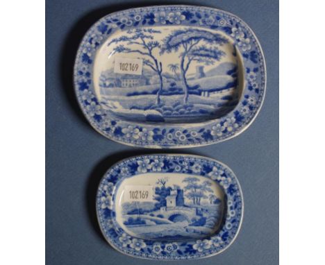 Two Spode blue & white toy (miniature) platters 'Tower' pattern, both with factory marks to base, W13.5cm approx (widest)