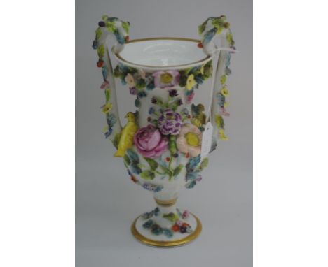 Spode flower & bird encrusted vase two handled, painted mark & pattern no 4650 to base, 23cm high approx., some minor losses