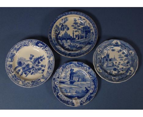 Four various Spode blue & white toy plates including Tiber pattern; Gothic Castle pattern; and 2 others. Each with impressed 