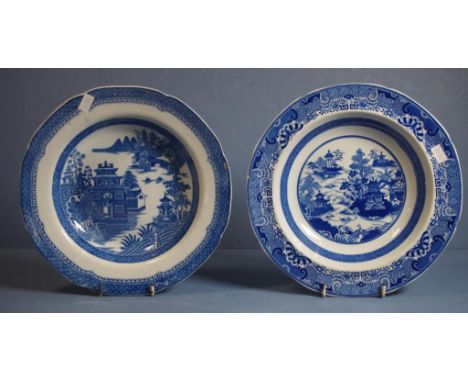 Two various Spode chinoiserie soup plates 1 with printed mark  and David Drakard label to base; the other 'Temple' pattern wi