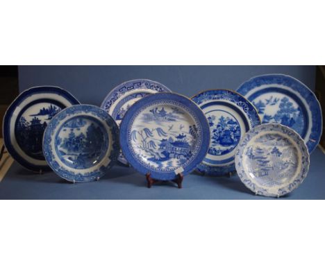Seven various Spode chinoiserie pattern plates Including pale blue and white tea plate, impressed and printed marks and "AGC"