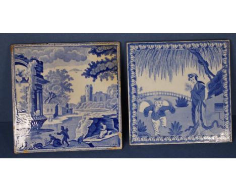 Two various Spode blue and white tiles including 'Lange Lijsen' pattern (Copeland & Garrett) ; and "Italian" pattern (rim chi