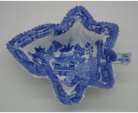Spode Chinese Willow pattern leaf form pickle dish SPODE printed mark, 3cm high approx., chips to rim