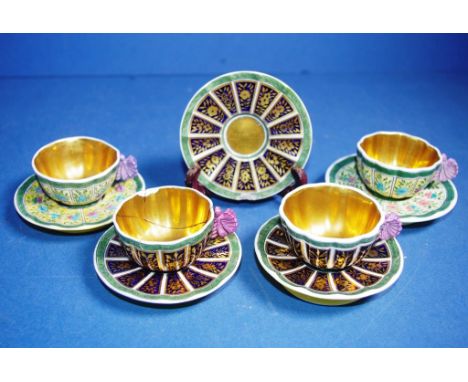 Four Spode coffee cups and saucers including 3 matching with gilded decoration on blue ground (1 cup and 1 saucer, as inspect