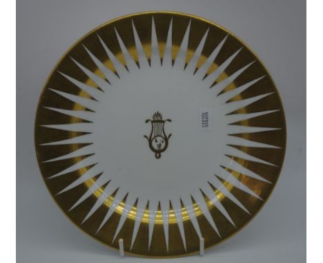 Spode gilded bone china plate, C:1820 with gilded central lyre decoration and rim. Handpainted SPODE mark to base with Worloc