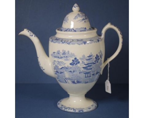Spode Willow pattern coffee pot in pale blue transfer, printed mark to base. (As inspected: spout chipped). H27cms approx.