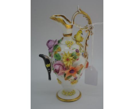 Spode flower & bird encrusted ewer painted SPODE mark & pattern no 4650 to base, 15.5cm high approx., some chips