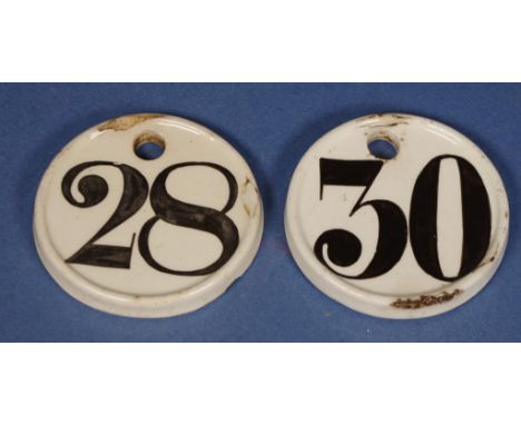 Pair antique SPODE creamware cellar labels matching circular labels, marked 28 and 30. ( 1 as inspected, rim chips). D7cms ap