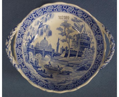 Spode 'Tiber' pattern handled dish with dual plaited handles, Printed SPODE mark to base, D12cms approx. Early 19th century.