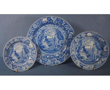 Three various Spode 'Woodman' pattern plates each with impressed mark to base. Dia 16.5cms; 18.5cms; & 25cms approx.