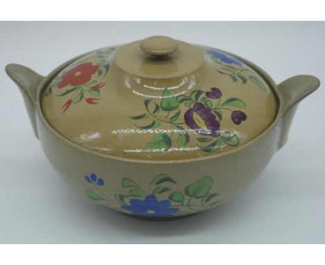 Spode hand painted brown drabware lidded bowl floral decoration. Dual handled. Impressed mark to base. Dia16cms approx (inclu