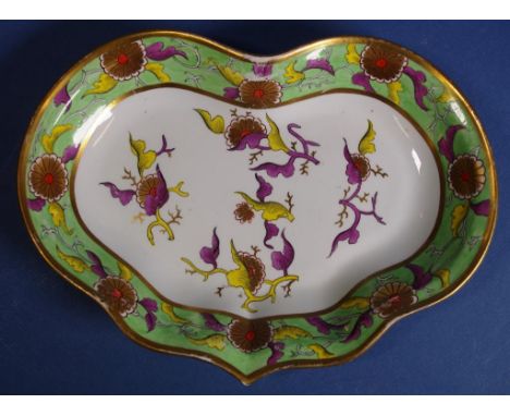 Early Spode kidney shape dish with green and gilt floral decoration,impressed mark to base, W26cm approx