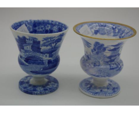 Two transfer ware Spode blue & white egg cups one in bone china, the other pearlware. 6cm high approx., one has rim crack