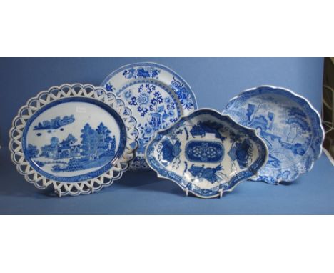 Four various Spode blue & white dishes Including floral decorated, impressed mark to base; Castle pattern, impressed mark and